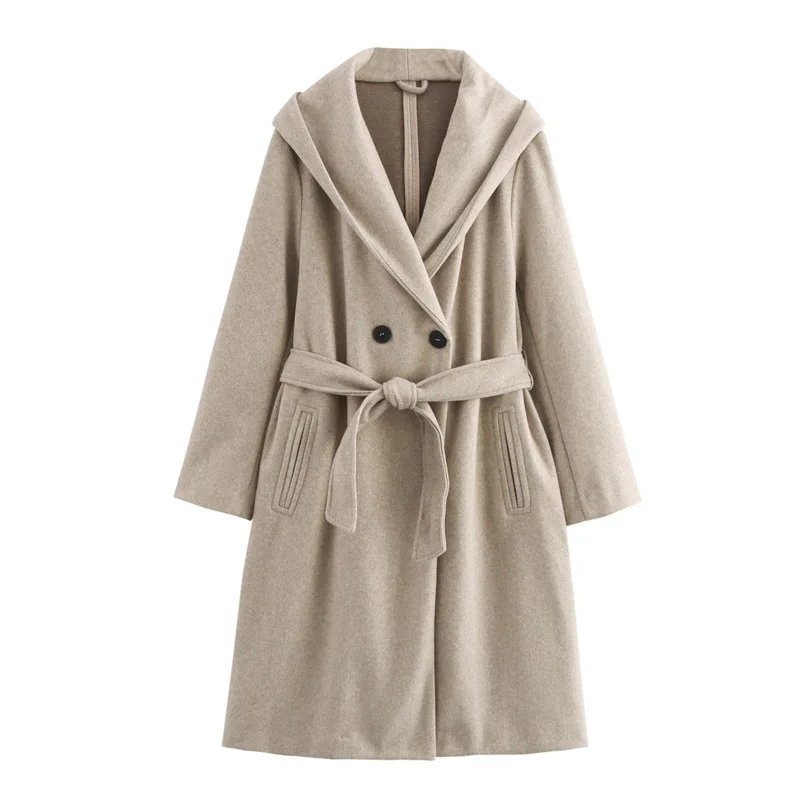 

Faionable Pure Color Belted Hooded Women's Coat Autumn New Sle Loose Fit Ele Tone PU Material Long Sve