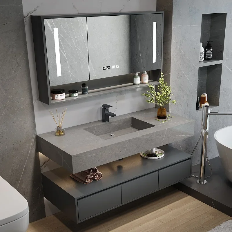 Stone Basin Bathroom Cabinet Furniture Bathroom Modern Smart Slate Integrated Combination Vanity Washbasin Washbasin Washstand