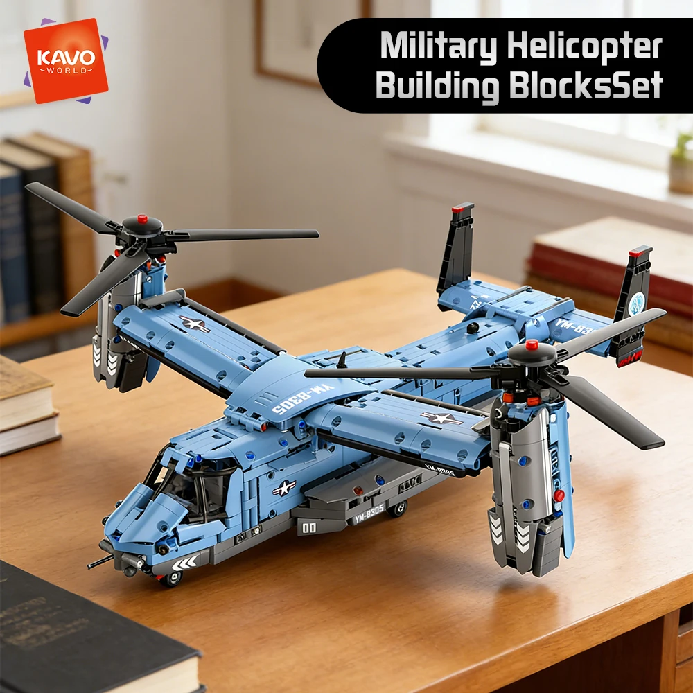 

KAVOWORLD 1486PCS V-22 Tiltrotor Aircraft Building Blocks Set Military Helicopter Model with 360° Rotatable Propeller Inertial Sliding Airplane Bricks Toy for Adults Birthday Christmas Gifts Home Decor