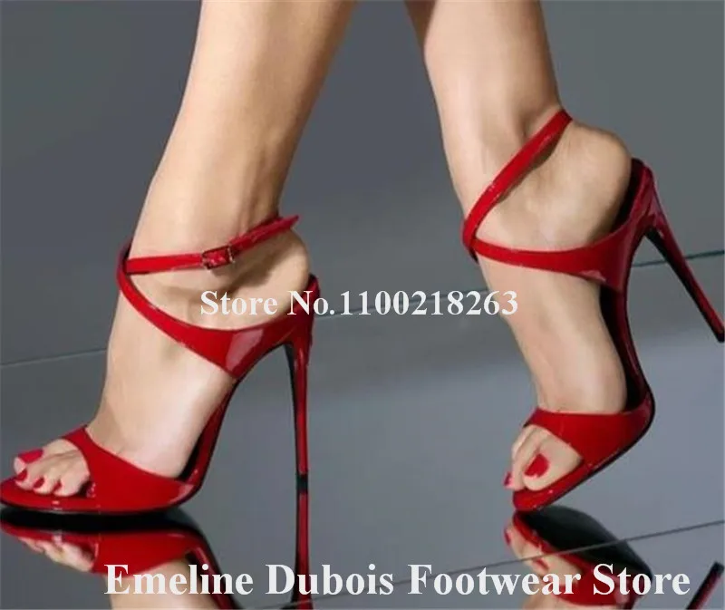 Red Black Patent Leather Sandals Emeline Dubois Open Toe Straps Cross Stiletto Heel Party Dress Shoes Big Size Club Heels