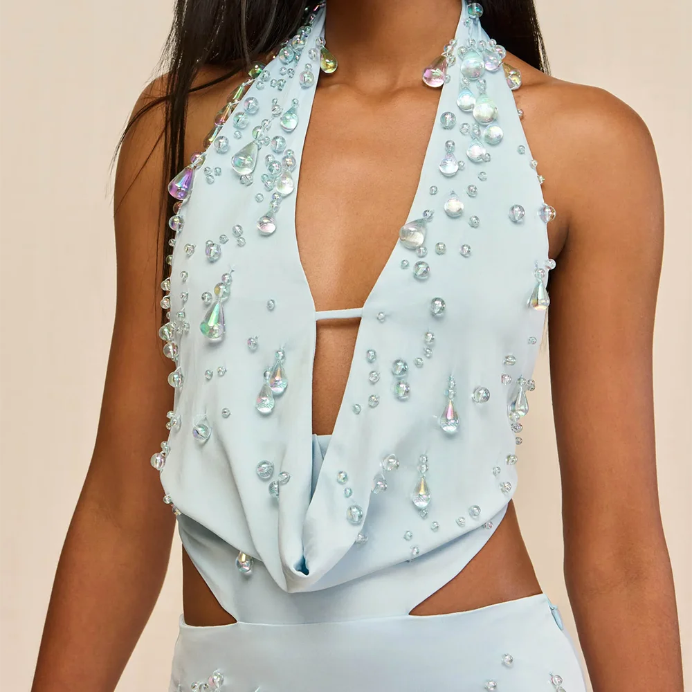 

Sexy Halter Beading Sleeveeless Cut-Out Mini Formal Evening Dresses Birthday Party Prom Gowns Customized