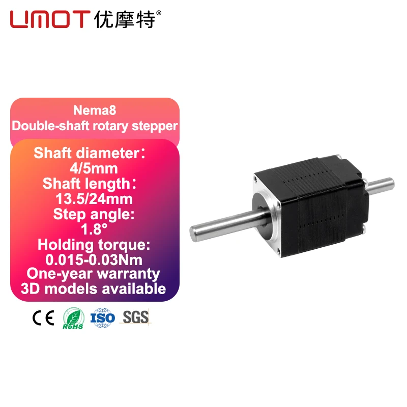 

Двухвальный шаговый двигатель UMOT Nema 8, 20X40 мм, 1,8 ° 0,8 А, 30 мНм, высокая точность для высокоточного позиционирования для 3DPrinte Machine