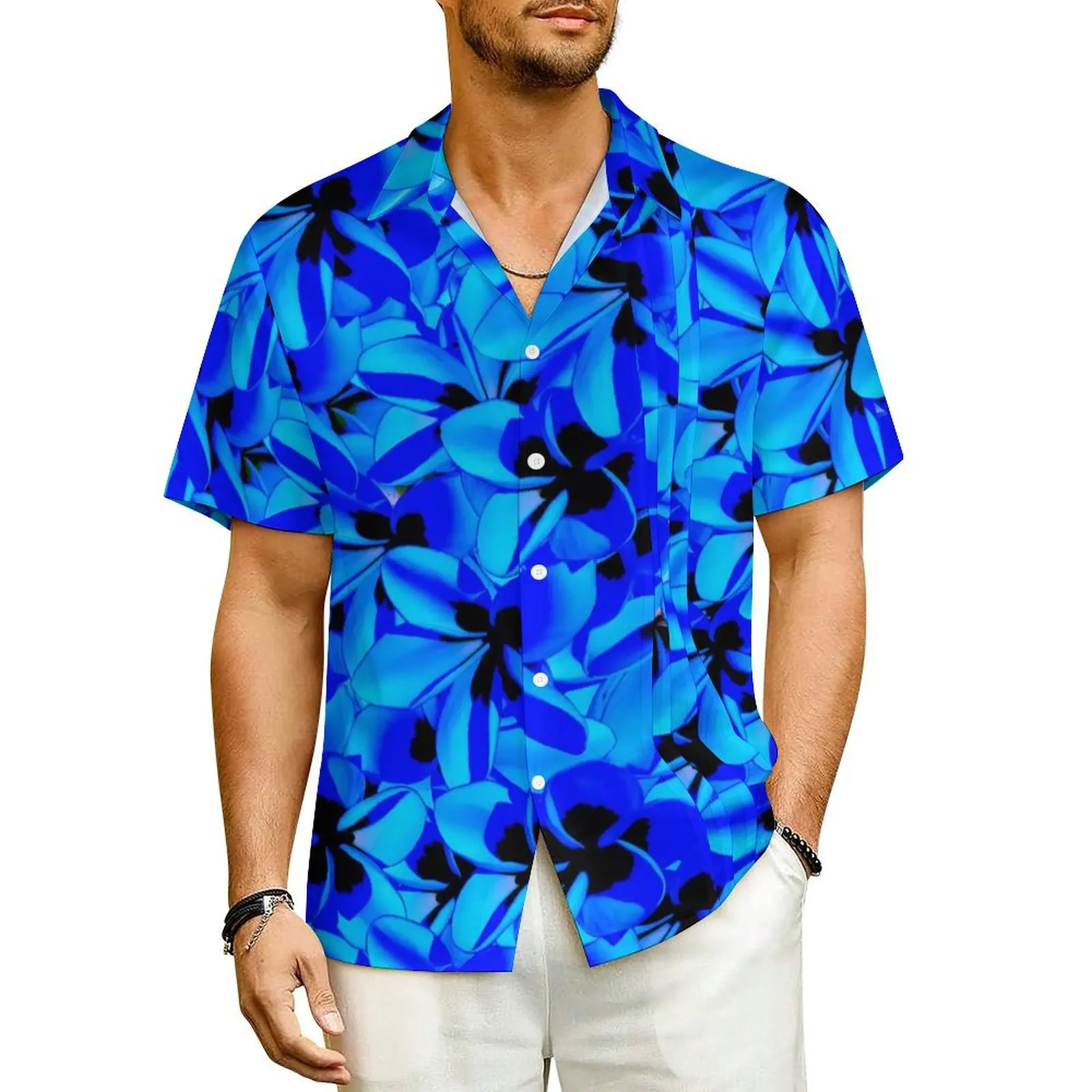 

Tropical Floral Beach Shirt Blue Flowers Summer Casual Shirts Male Loose Blouses Short-Sleeve Stylish Design Tops