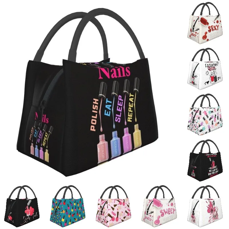 Nails Polish Eat Sleep Repeat Insulated Lunch Bag for Women Portable Tech Funny Quotes Thermal Cooler Lunch Box Picnic Travel