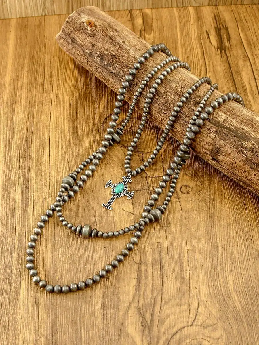 Womens Cross Long Layered Necklace Zinc Alloy Turquoise Pendant Bohemian Western Style