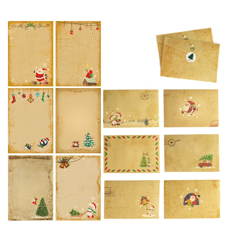 Vintage Christmas Kraft Letter Santa Claus Snowman Gift Envelopes Letter Pad Xmas Party DIY Invitation Greeting Cards Decor Noel