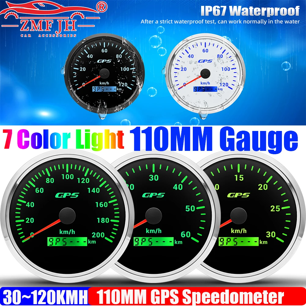 

ZMFJH Waterproof 110MM GPS Speedometer Gauge with Antenna 7 Color LED for Auto Car Boat Yacht 30KMH,60KMH,80KMH,120KMH,200KMH