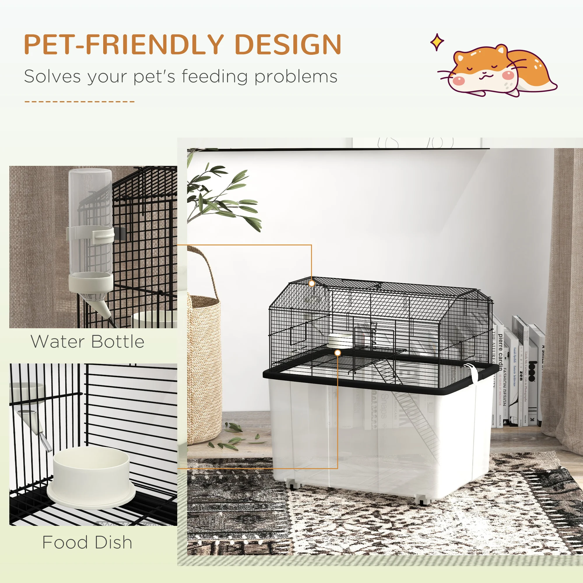 PawHut Hamster Cage, Gerbil Cage with Wheels, Deep Bottom, Ramp, Food Dish, Water Bottle, for Dwarf, Syrian - Black