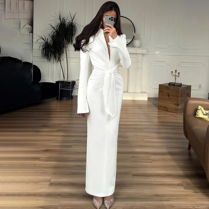 

2025 New Elegant Solid Slim Womens Dresses Fashion Long Sleeve Lace-Up Split High Waist Long Dress High Street Party Women Dress