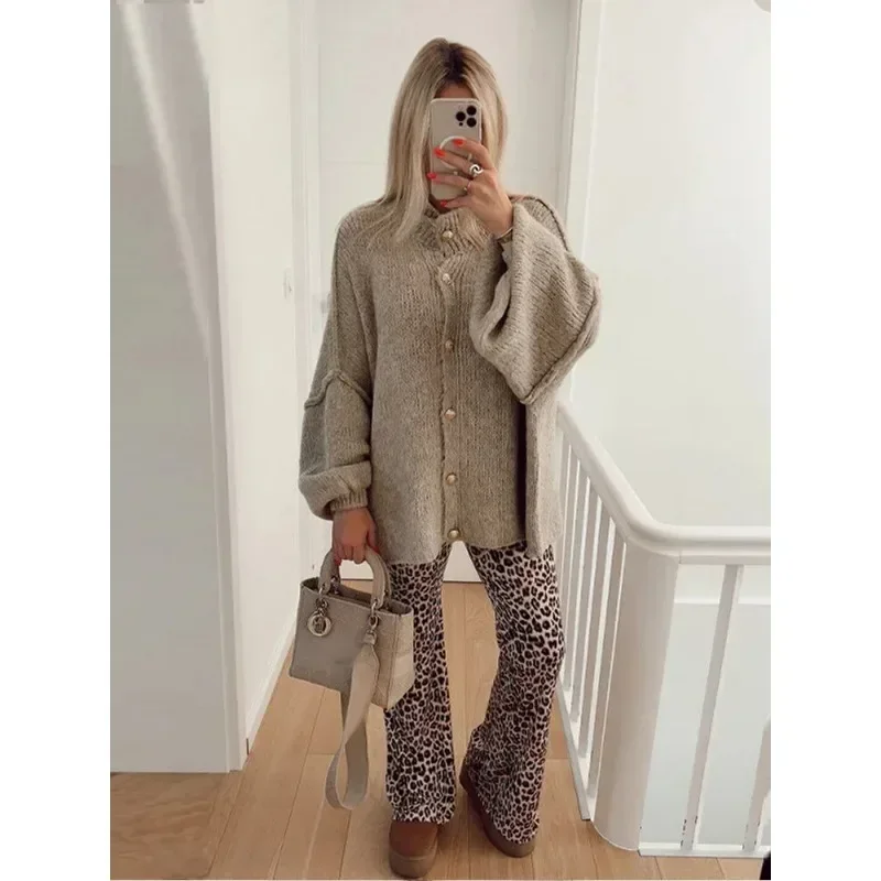 Spring Chic O-neck Cardigan Sweater Women 2024 Lantern Sleeve Oversized Warm Sweaters Female Elegant Loose Lady Street Knitwear