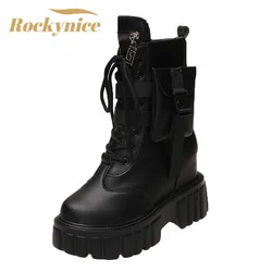 Kobiety Chunky buty ze skórki cielęcej nowa jesienna skóra wysoka podeszwa okrągłe Toe buty damskie Punk Wedge buty motocyklowe zimowe trampki