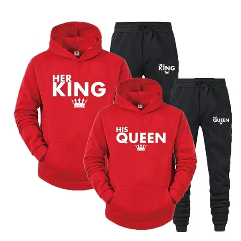 Lover Her QUEEN or His KING Printed Tracksuits Couple Hoodies Outfit Suits Casual Hooded Sweatshirt + Sweatpants Two Piece Set