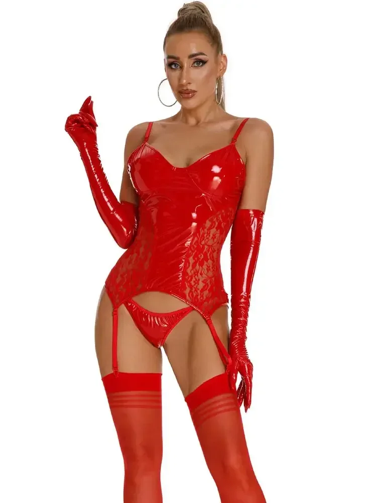 Wet Look PVC Body Harness Shiny PU Leather Crotchless Suspender Bodysuit + Thong Lace Up Bandage Teddies Sexy Clubwear Teddies