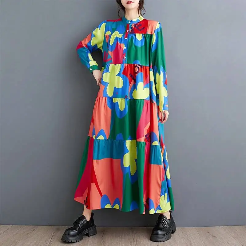 # 3961 Frühling Herbst Langarm-Hemdkleid für Damen mit Stehkragen, Knöpfen, Lockerem Schnitt, Blumenmuster, Vintage-Stil, Geschlitztes Design