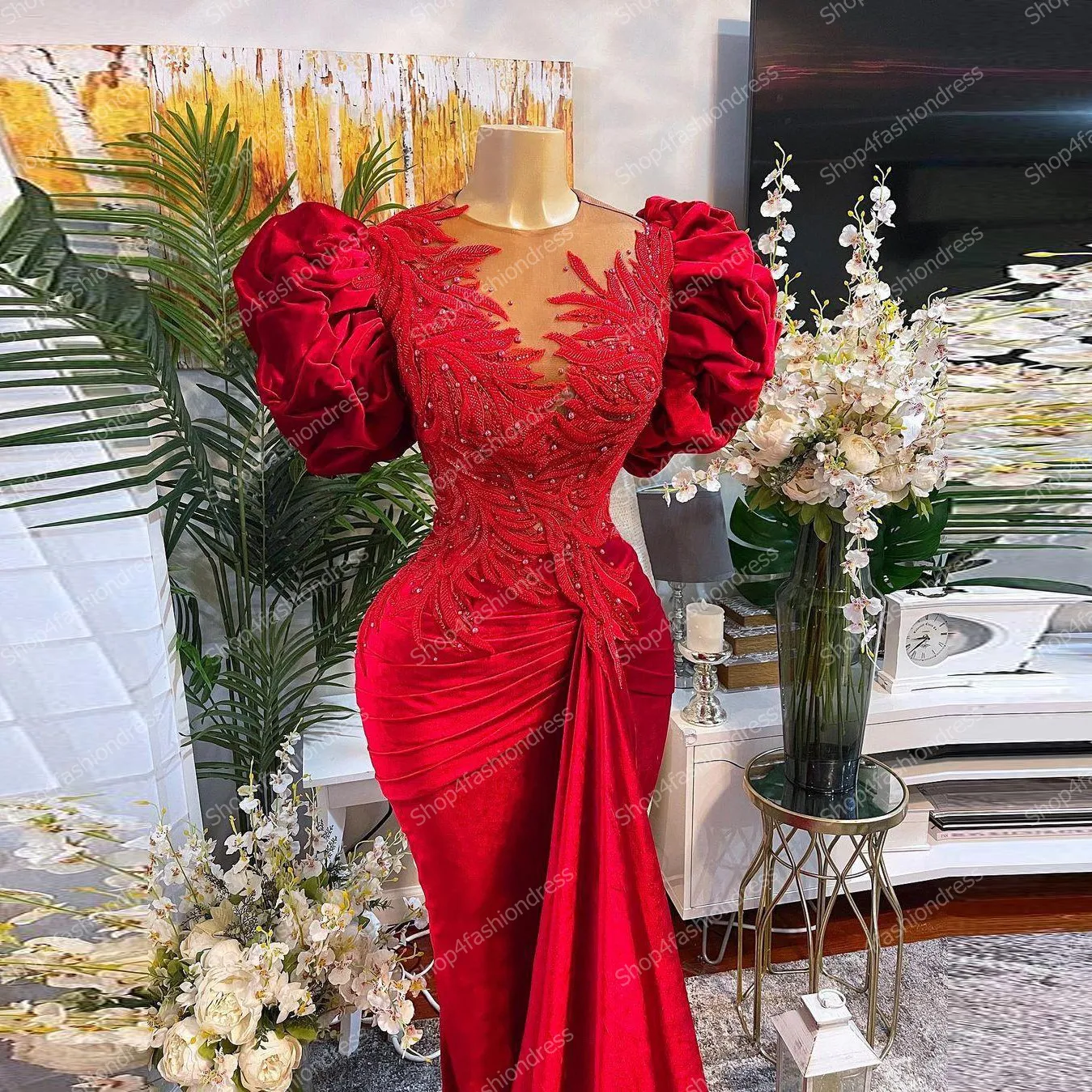 Aso Ebi Red Velour Beading Evening Dress With Puff Sleeves Africa Bridal Appliques Mermaid Prom Gowns Plus Size Formal Party Gow