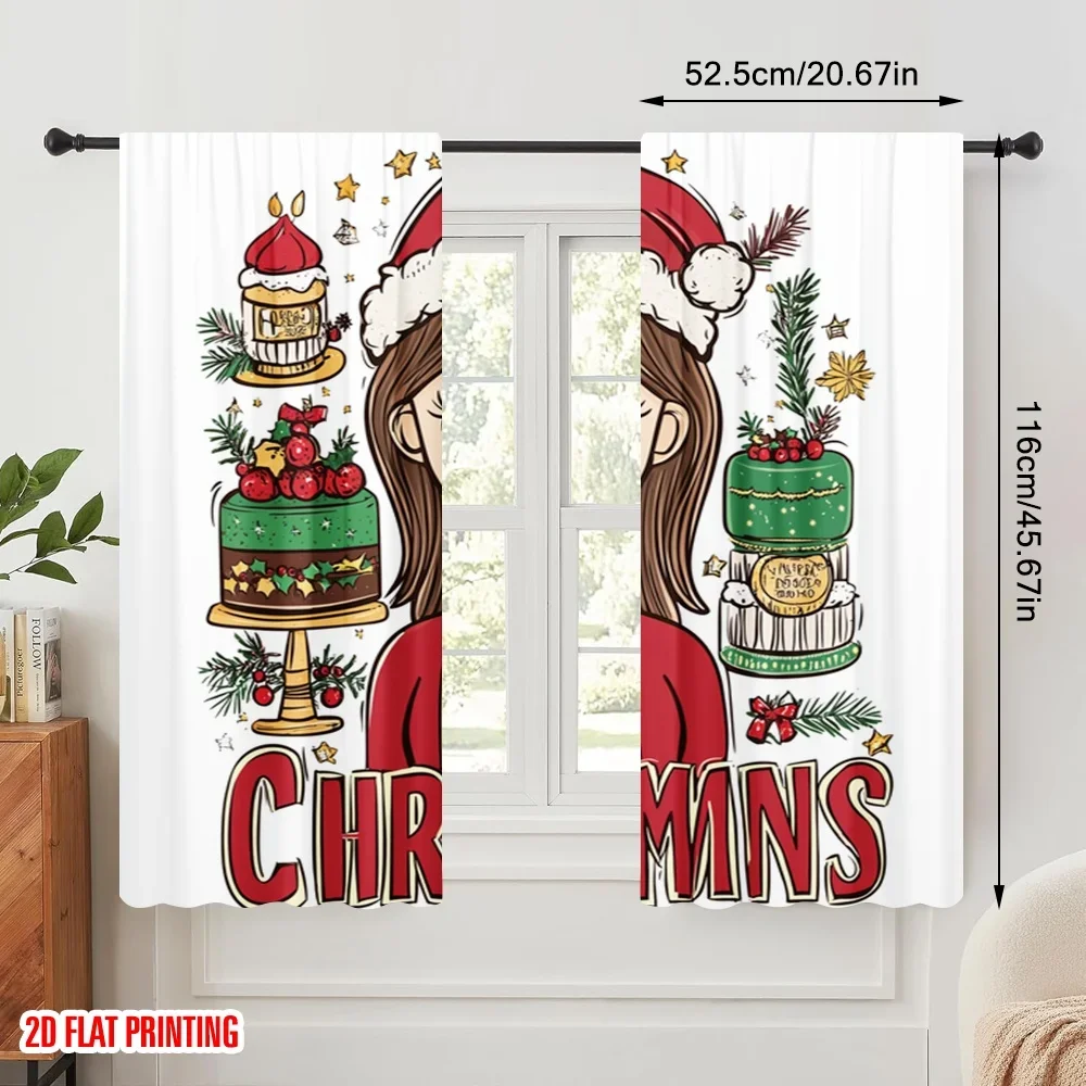 2pcs,2D plane printing Light Filtering Curtains Christmas Tree Cookies Gift 100% Polyester (without rod) Festive for Bedroom
