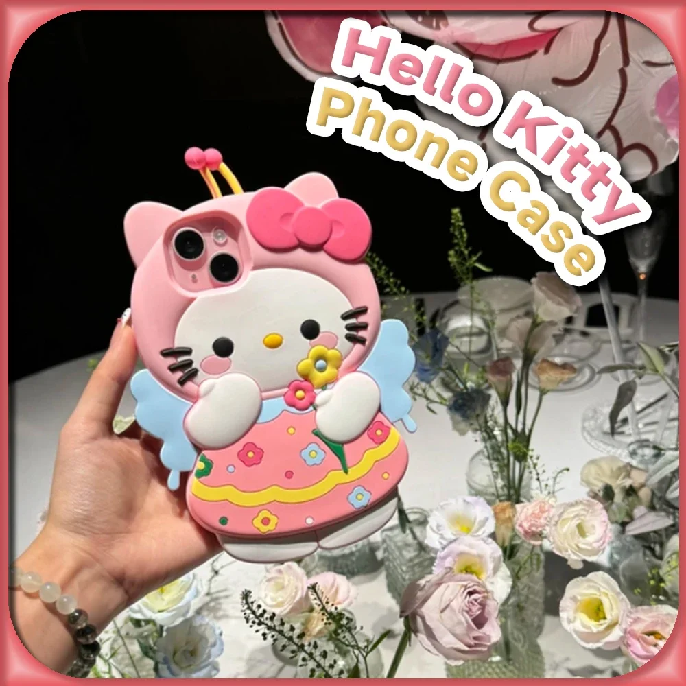 Kawaii Bee Hello Kitty Soft Silicone 3D Case for IPhone 16 15 14 13 12 11 Pro Max Sanrio Anime Cute Creative Protective Cover