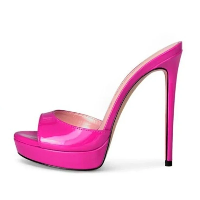 

Fuchsia Patent Leather Slip On Slippers Open Toe 14-16CM Platform Stiletto High Heels Women Sandals Size 42 Leopard Black White