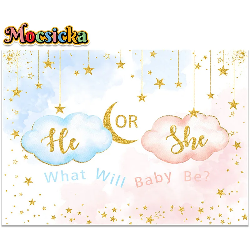 Mocsicka เพศเปิดเผยพรรคการถ่ายภาพตกแต่งฉากหลังเขาหรือเธอ Baby Shower Cloud Starry Sky พื้นหลัง Photo Studio Prop