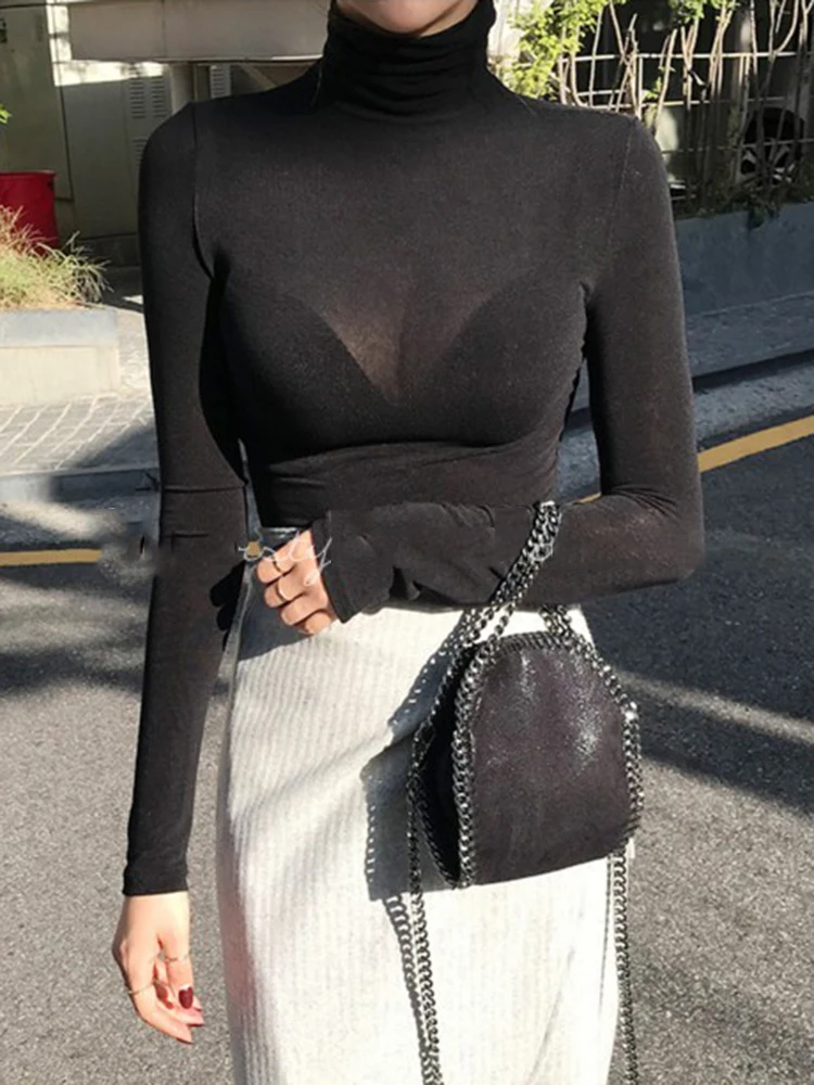 Turtleneck Slim High Quality Plain T Shirt Women Cotton Elastic Basic Female Tops Long Sleeve Sexy Thin T-shirt see through