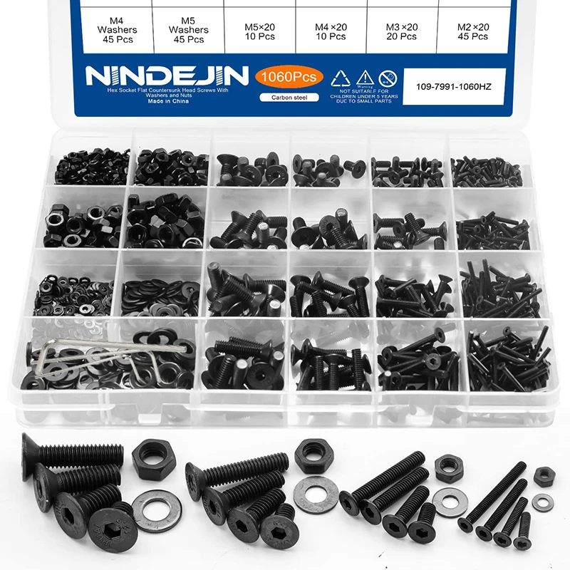 1060 stks M2 M3 M4 M5 Hex Socket Schroef Set Koolstofstaal Platte Ronde Kop Schroeven Bouten en Moeren Assortiment Kit met Opbergdoos - afbeelding 1