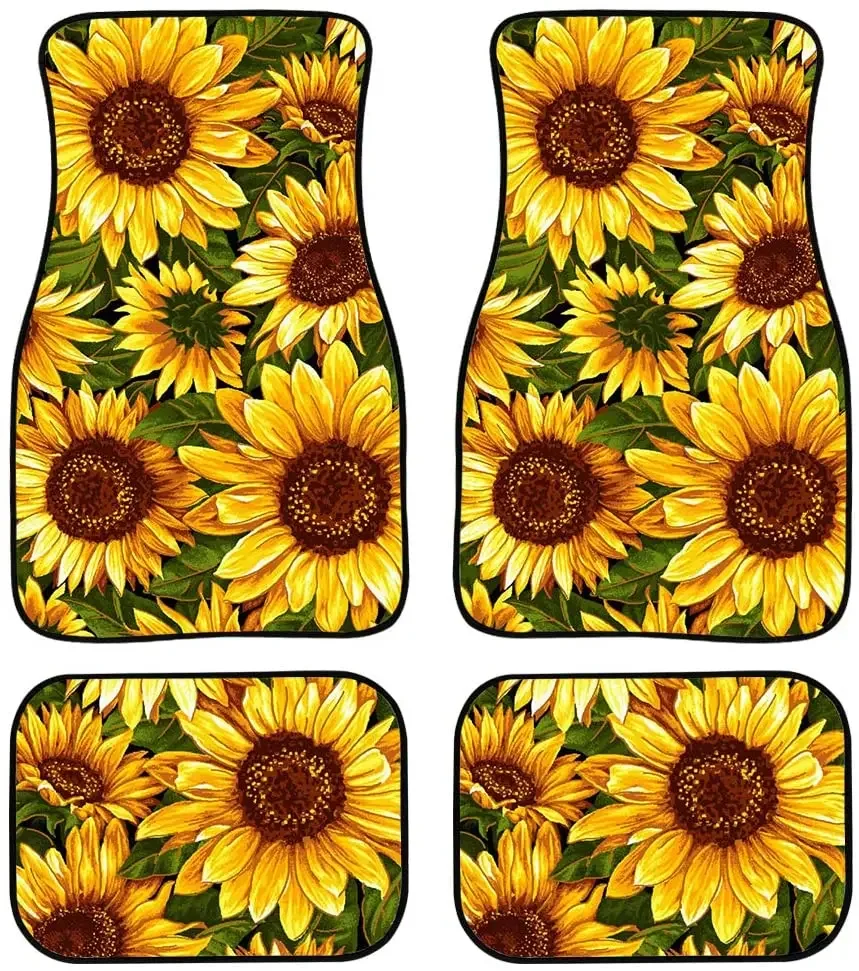 Decorative Blooming Bright Sunflowers Carpet Car Floor Mats Set of 4 Pieces for Women,Universal Fit for Auto Vehicle Fron