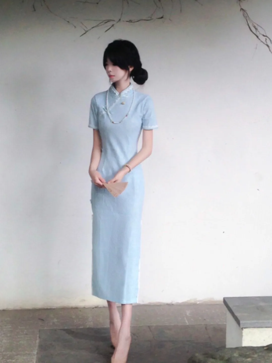 

New Chinese Style Gentle Elegant Bodycon Qipao Dress Women's Summer Short Sleeve Casual Commute Suitable Cotton Blend Skirt