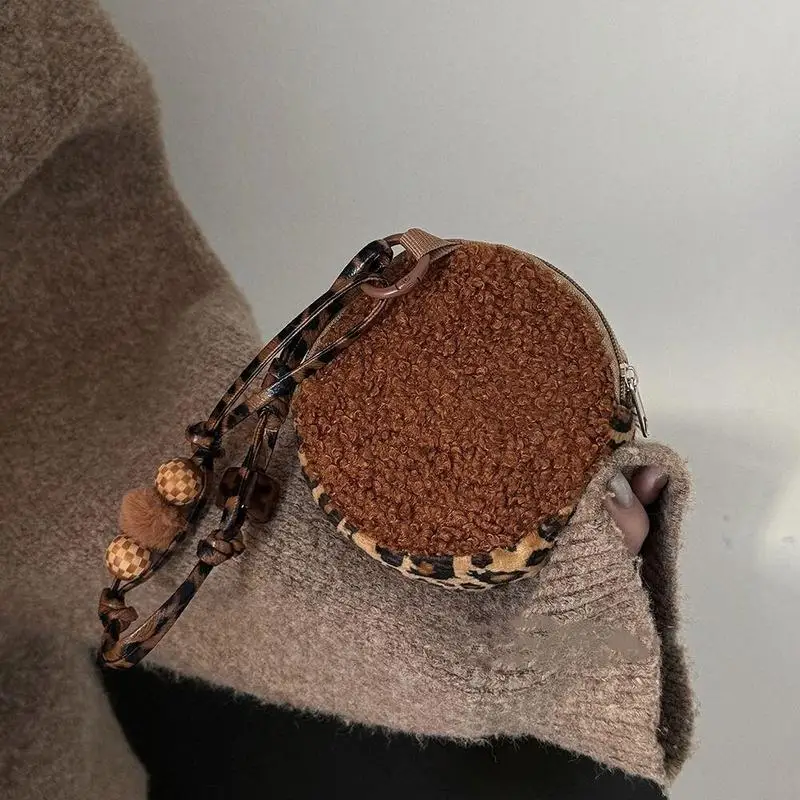 Kawaii Hello Kitty plush doll leopard print coin purse keyhole PP cotton filled cartoon cat mini earphone storage bag gift