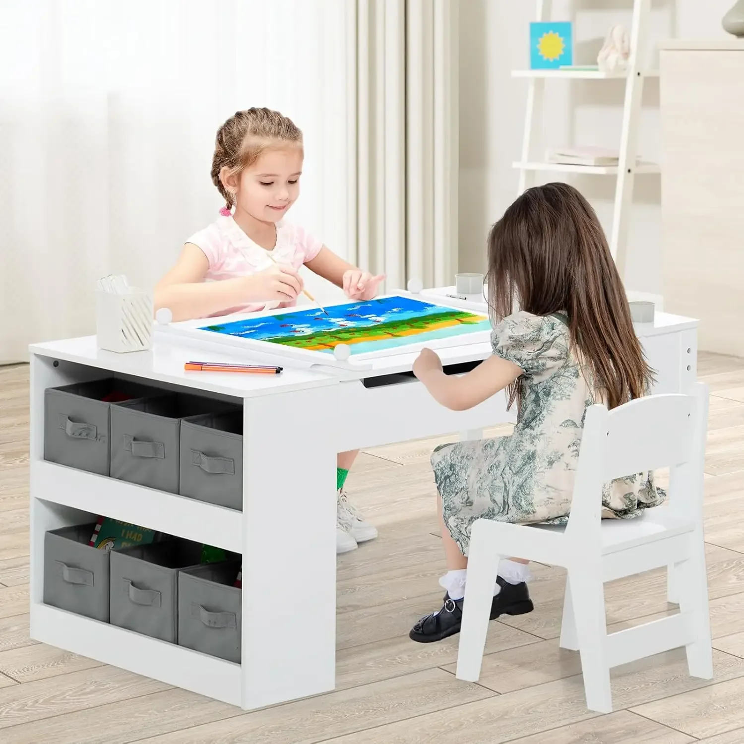 INFANS 3 in 1 Kids Art Table and Chair Set, Toddler Craft Play Wood Activity Desk with 2 Chairs Storage Canvas Bins Paper Roll