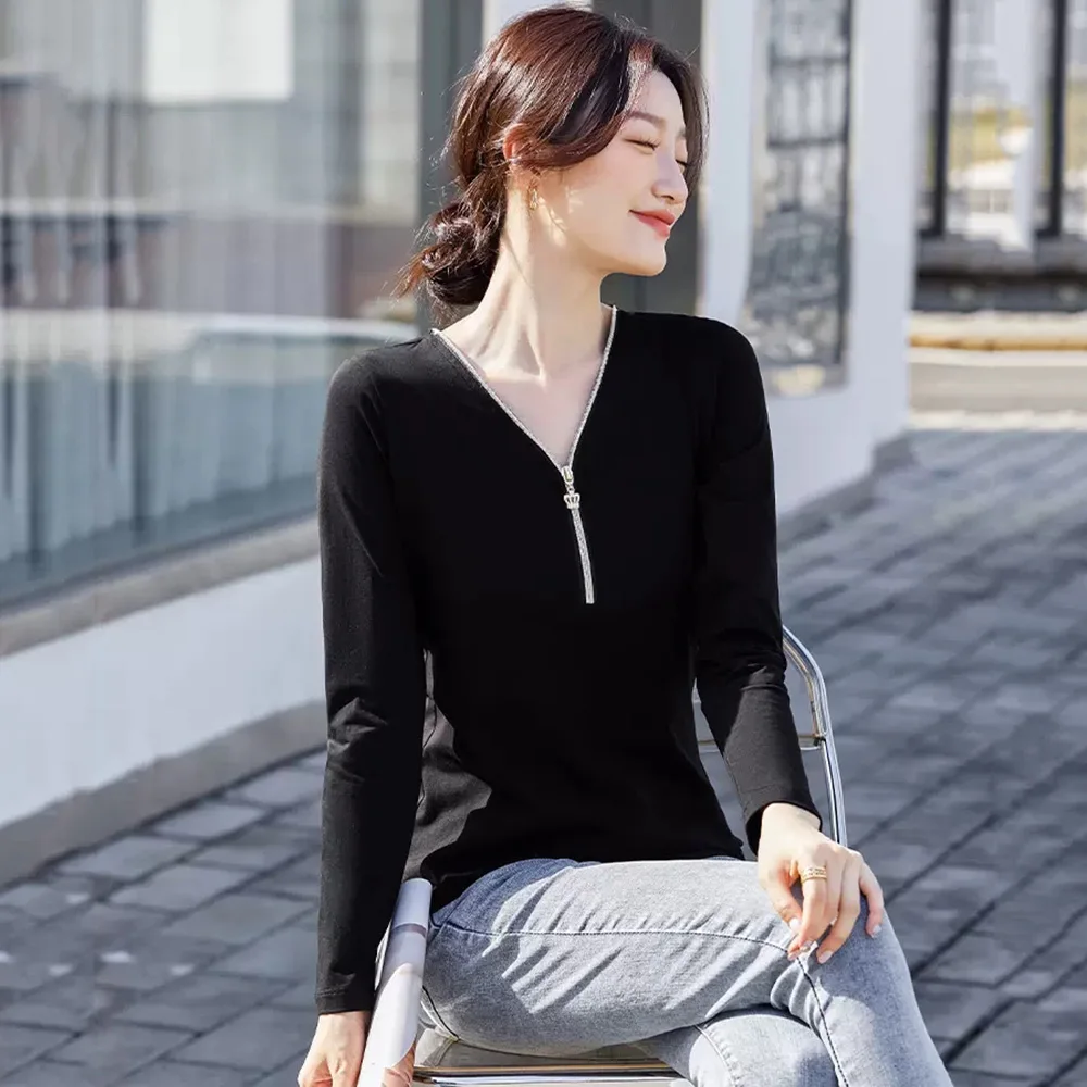 

New Women Long Sleeve T-shirt Spring Summer Fashion Zipper V-Neck Design Slim Cotton Tees Tops Chic Simplicity Basic T-shirt