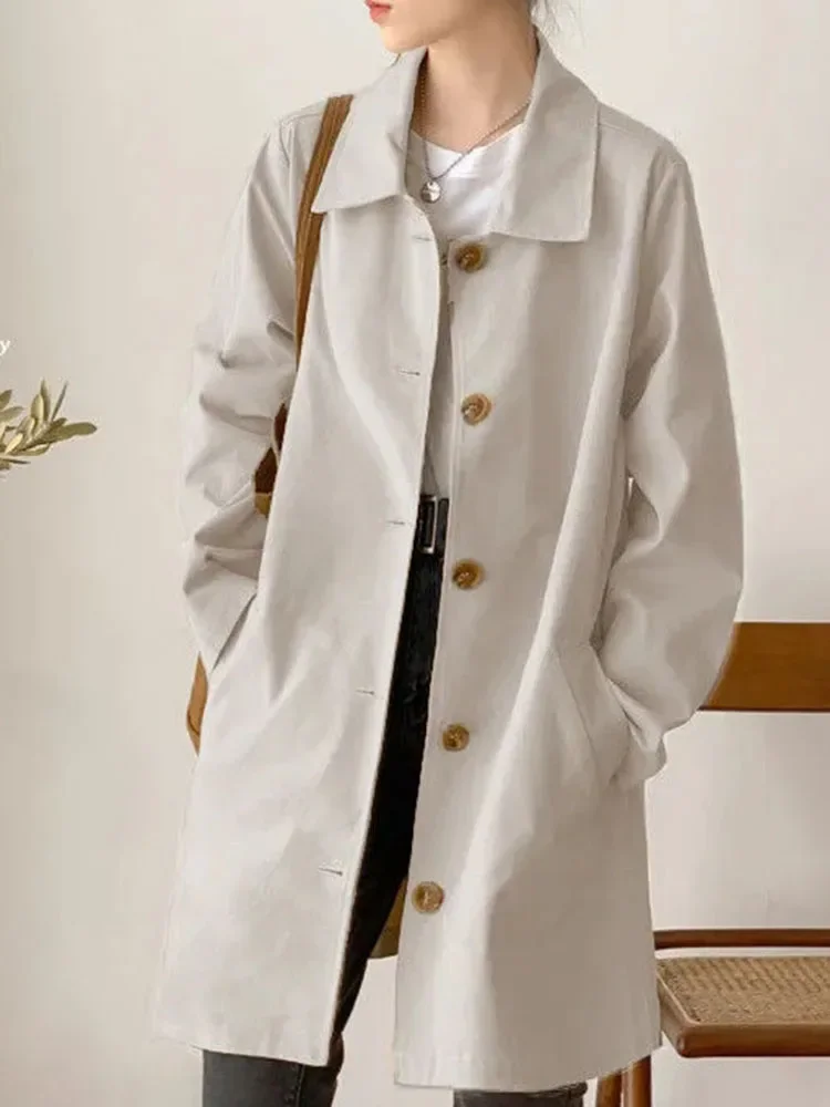 

Women Lapel Loose Long Trench Coats Classic Khaki Long Sleeve Abrigos Tops 2025 Korean Fashion Single Breasted Gabardina Jackets