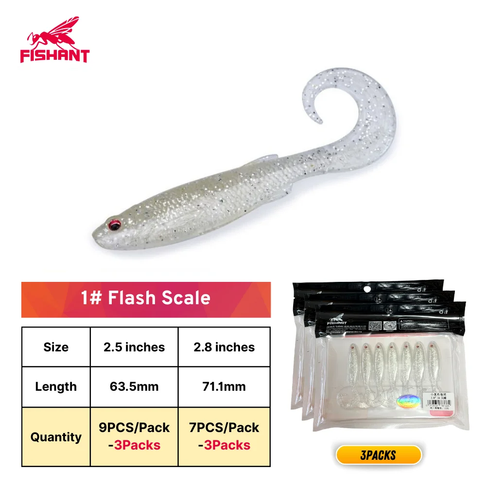 FISHANT Kleine echte vis met gekrulde staart, zacht kunstaas - Zinkend 2,5"(9PCS)/2,8"(7PCS) 3/5 pakjes, baarsaas voor Texas/Drop Shot/Ned Rig