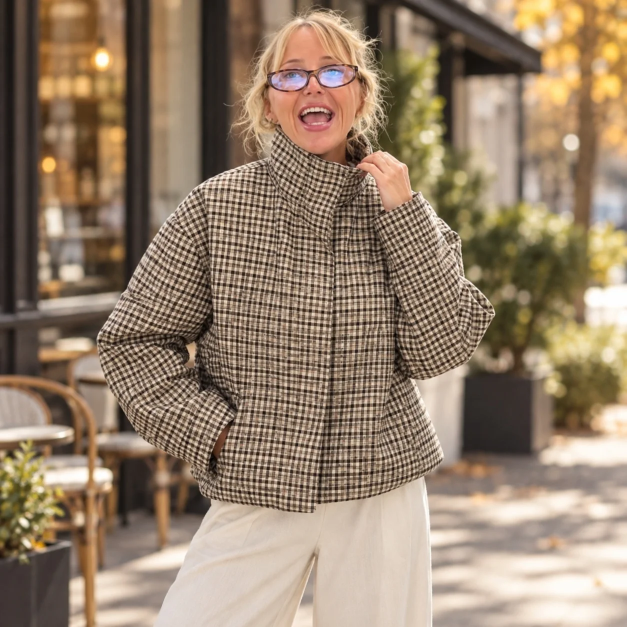 Plaid Stand Collar Coat Loose Fit Elegant Style with Composite Construction Autumn Long Sleeve Socialite Style Women Coat