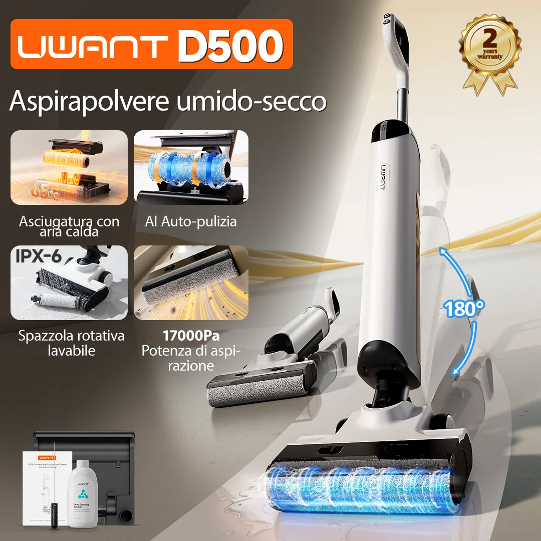 Aspirapolvere UWANT D500 Wet Dry 17000Pa Aspirazione 180 ° Mop senza fili Lay-Flat AI autopulente 65 ° C Essiccazione Bordo triplo lato