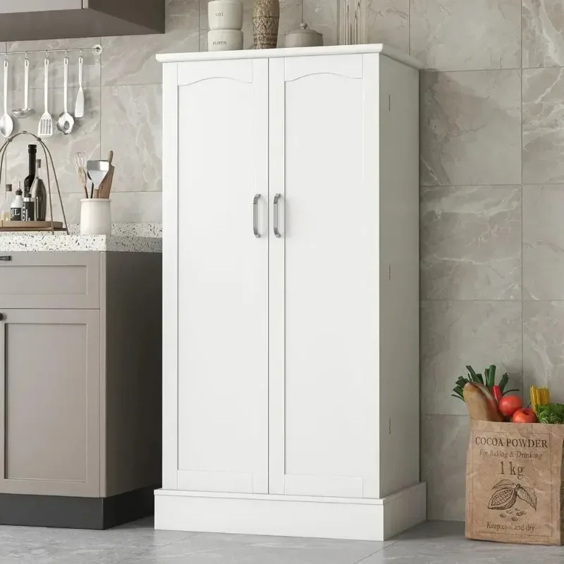 White Freestanding Kitchen Pantry Cabinet with Adjustable Shelves for Dining and Living Rooms