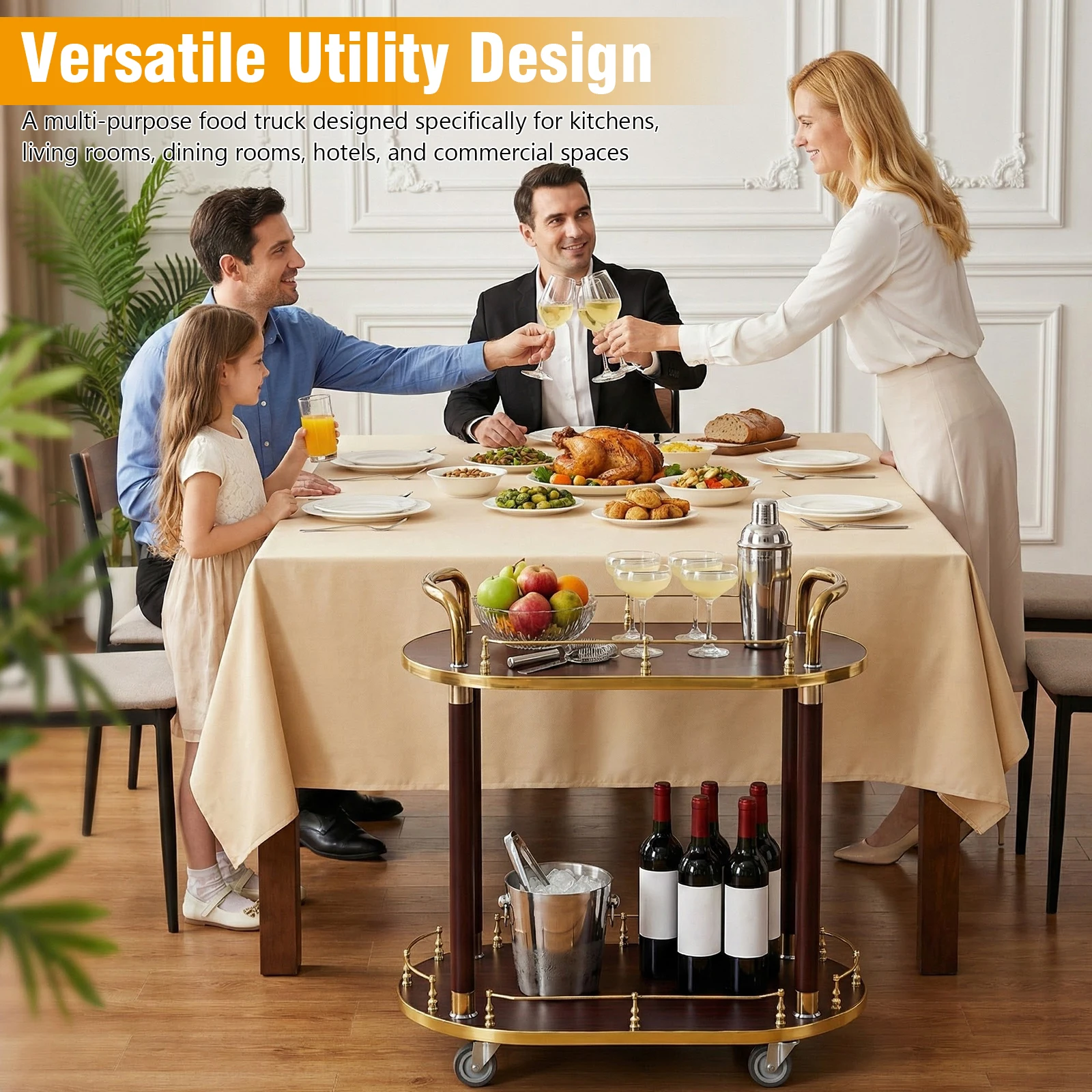 

2 Tier Bar Serving Cart with Lockable Wheels Dim Sum Cake Dessert Truck Fully Assembled for 5 Star Hotel and Club