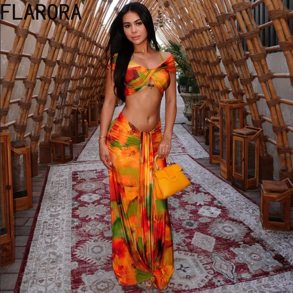 

FLARORA Fashion Colorful Print 2-Piece Set Woman Sexy Folds Slash Neck Crop Tops And Ruched Ribbon Long Skirt Beach Style Suits