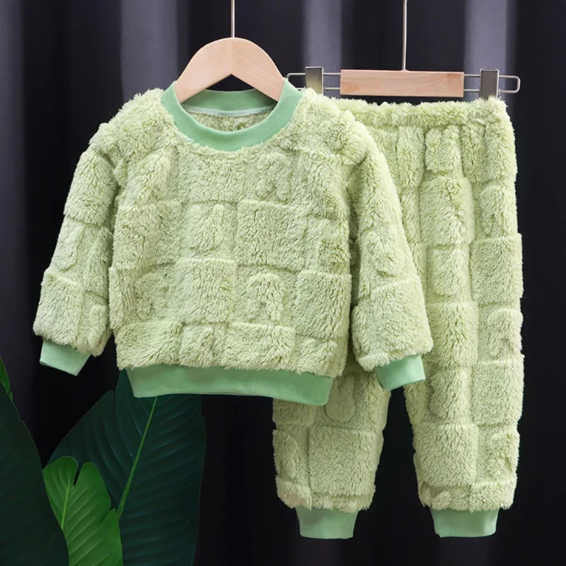 Children\'s Girls Boys Flannel Pajamas Set Winter Warm Sleepwear Long Sleeve Tops+Pants Suits Baby Kid Solid Home Sleep Clothing