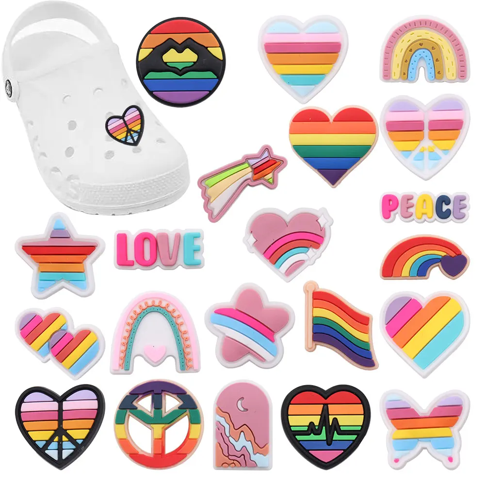 Sell Retail 1-21pcs PVC Shoe Charms Colorful Love Heart Rainbow PVC Accessories Shoes Buckles Fit Wristbands Kids Party Gift