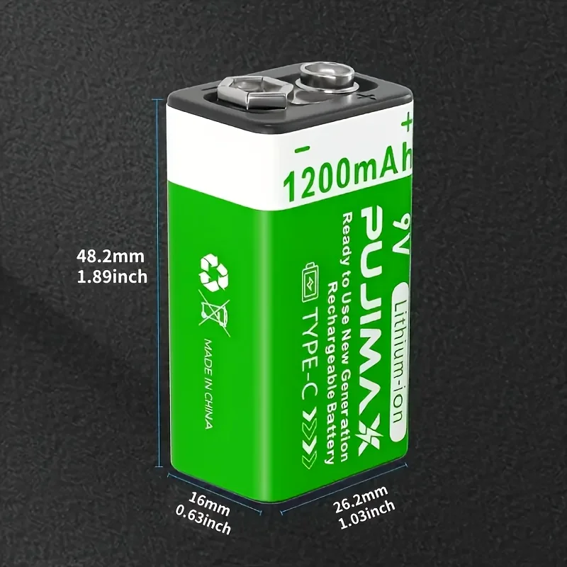 PUJIMAX 9V Battery 1200mAh Li-ion Rechargeable Battery Type-C Batteries 9V Lithium for Multimeter Microphone Toy Remote Control