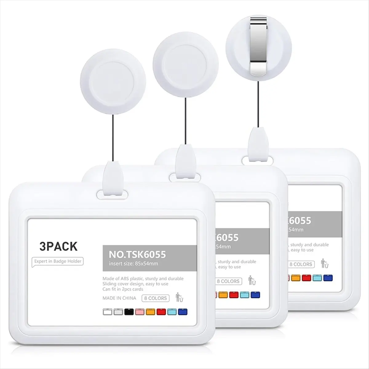 A45M Retractable Badge Holders, Plastic Sliding ID Badge Holder with Retractable Badge Reel Clips, 3 Pack Horizontal White