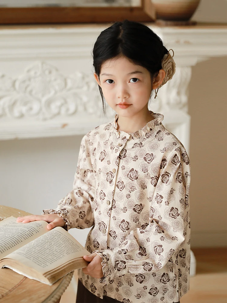 Girls' Shirt Long Sleeved  Autumn Style Large Size Floral Standing Collar Retro Shirt Doll Shirt Top Family Matching Outfits