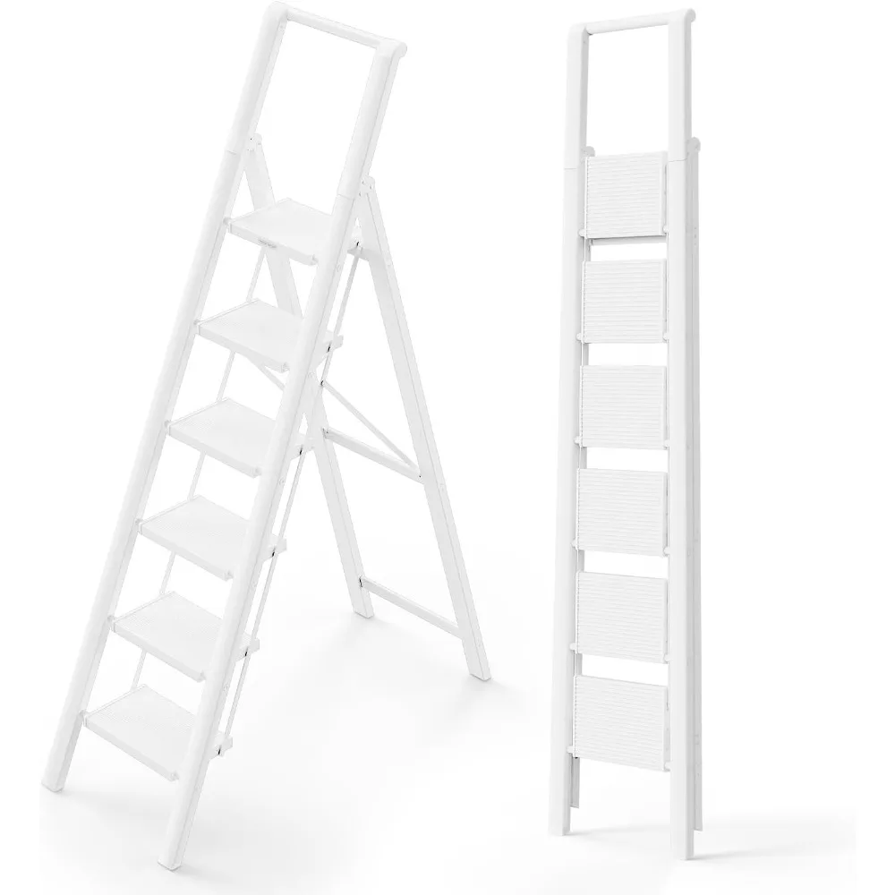 

6 Step Ladder, Lightweight Folding ladders with Wide Pedals, Slim Stepladder for Narrow Spaces, Tall Ladder for High Ceilings w