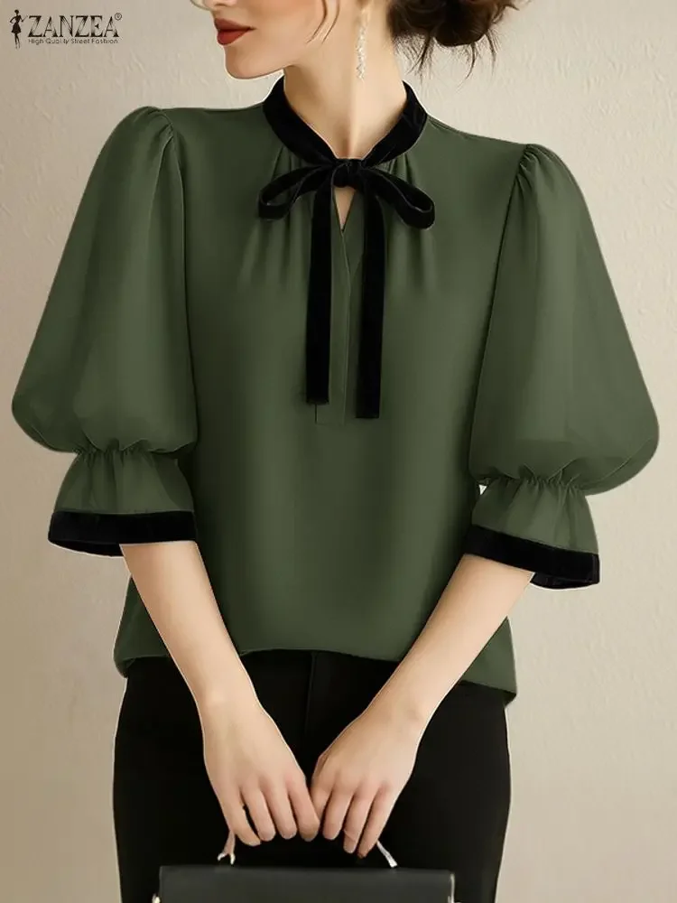 ZANZEA 우아한 여성 OL 작업 블라우스 여름 오피스 셔츠 세련된 튜닉 3/4 러플 슬리브 패치워크 블라우스 캐주얼 레이스업 탑