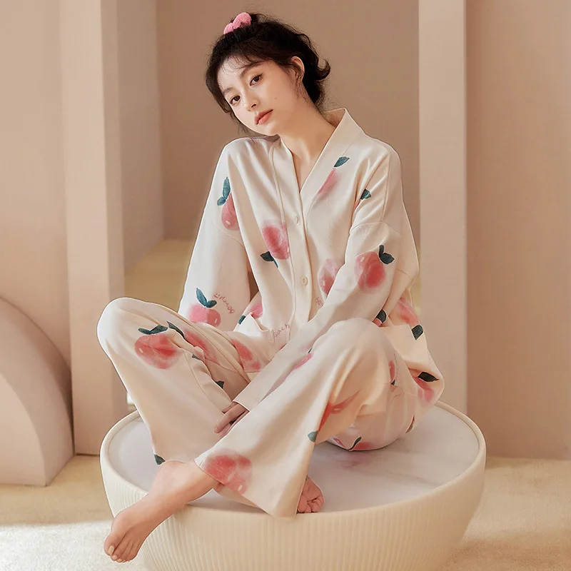 

Elizabeth Duck Japanese Kimono Spring Women's Pajama Set Imitation Cotton Long Sleeve Homewear Casual V-Neck Lapel Cute