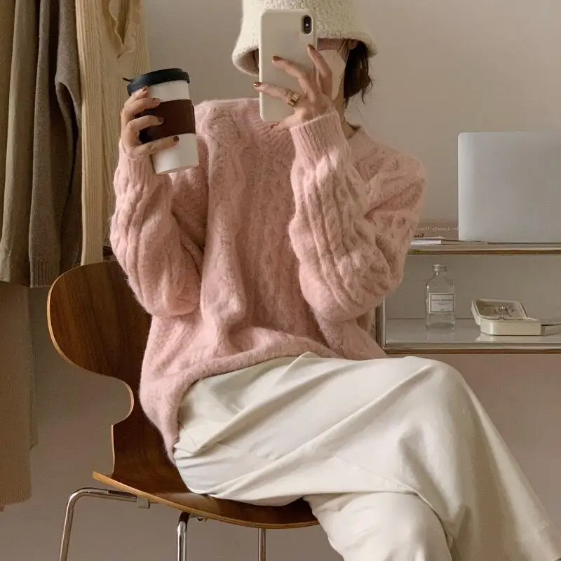 

Модный и универсальный свитер для женщин, осенне-зимний вязаный пуловер в японском стиле со свободным дизайном и откидной спинкой