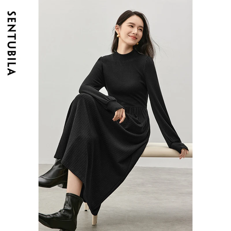 

SENTUBILA Women Knitted Black Dresses 2025 Autumn Retro Retract Waist Simple Cozy O Neck Long Sleeve Evening Dress 144L57052