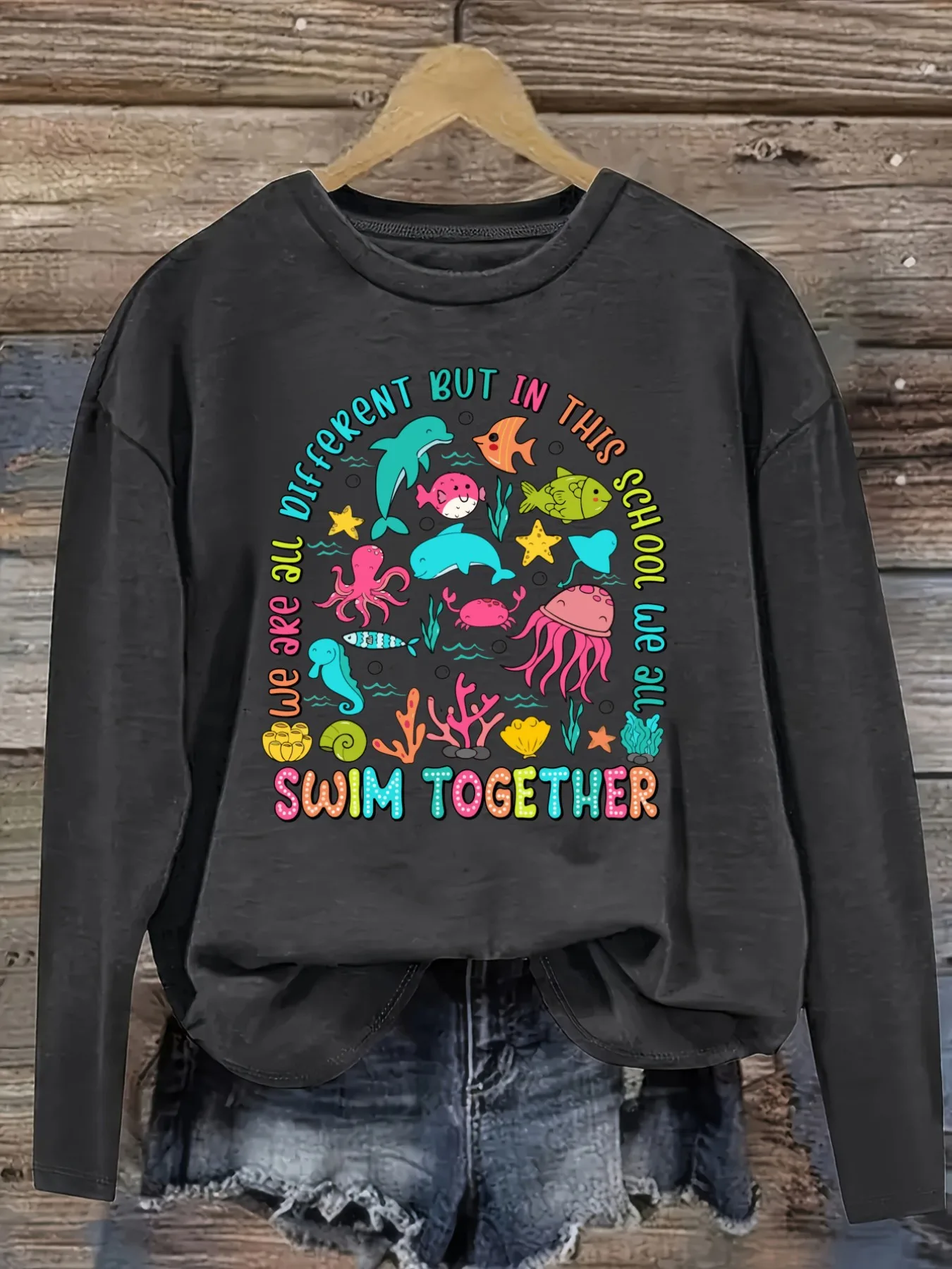 Women's Casual Long Sleeve Crew Neck T-Shirt We Are All Different But Design, Round Neck Women's Clothing, Machine Washable, Slightly Elastic, Loose Fit, Spring Autumn Winter Women's T-Shirt, Halloween Costume Outfit