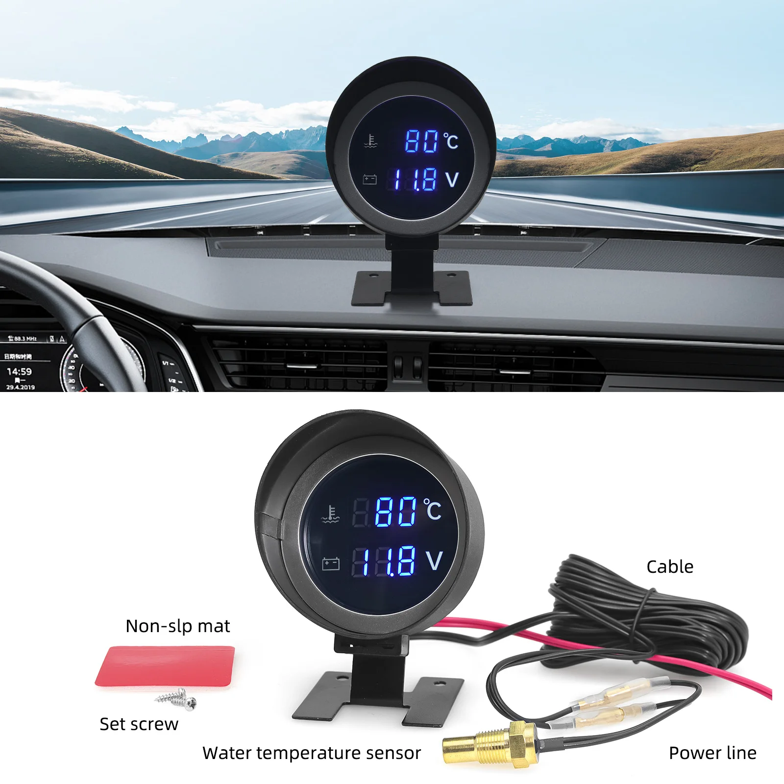 2 in 1 LCD Digital Car Water Temperature Gauge + Voltmeter With Water Temperature Sensor Round Temp Meter -10-110 Celsius 12V24V