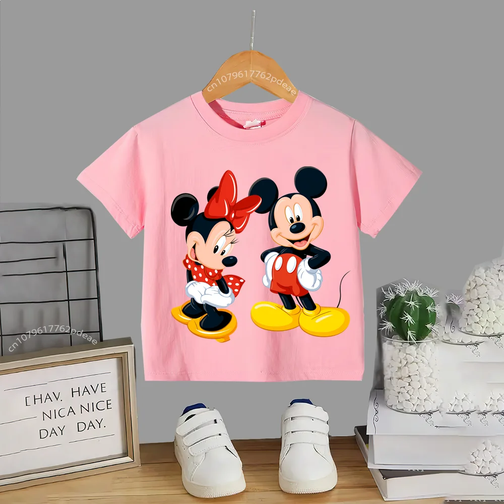 Disney Teen 100% Cotton Kids Street playful Mickey Minnie Print Crew neck pullover T-shirt Boys Girls Casual Harajuku top